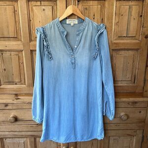 Cloth & Stone XS Anthro Long Sleeve Shirt Dress‎ Chambray Blue Ruffles Button